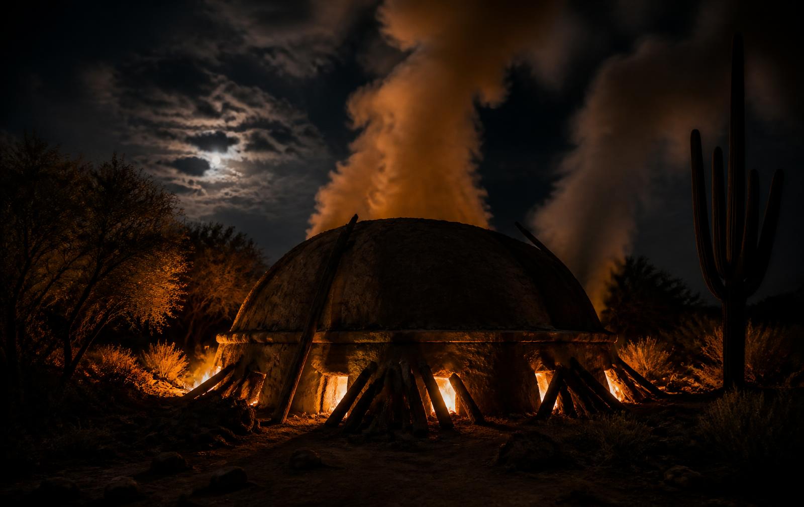 Horno de tierra encendido de noche en el desierto