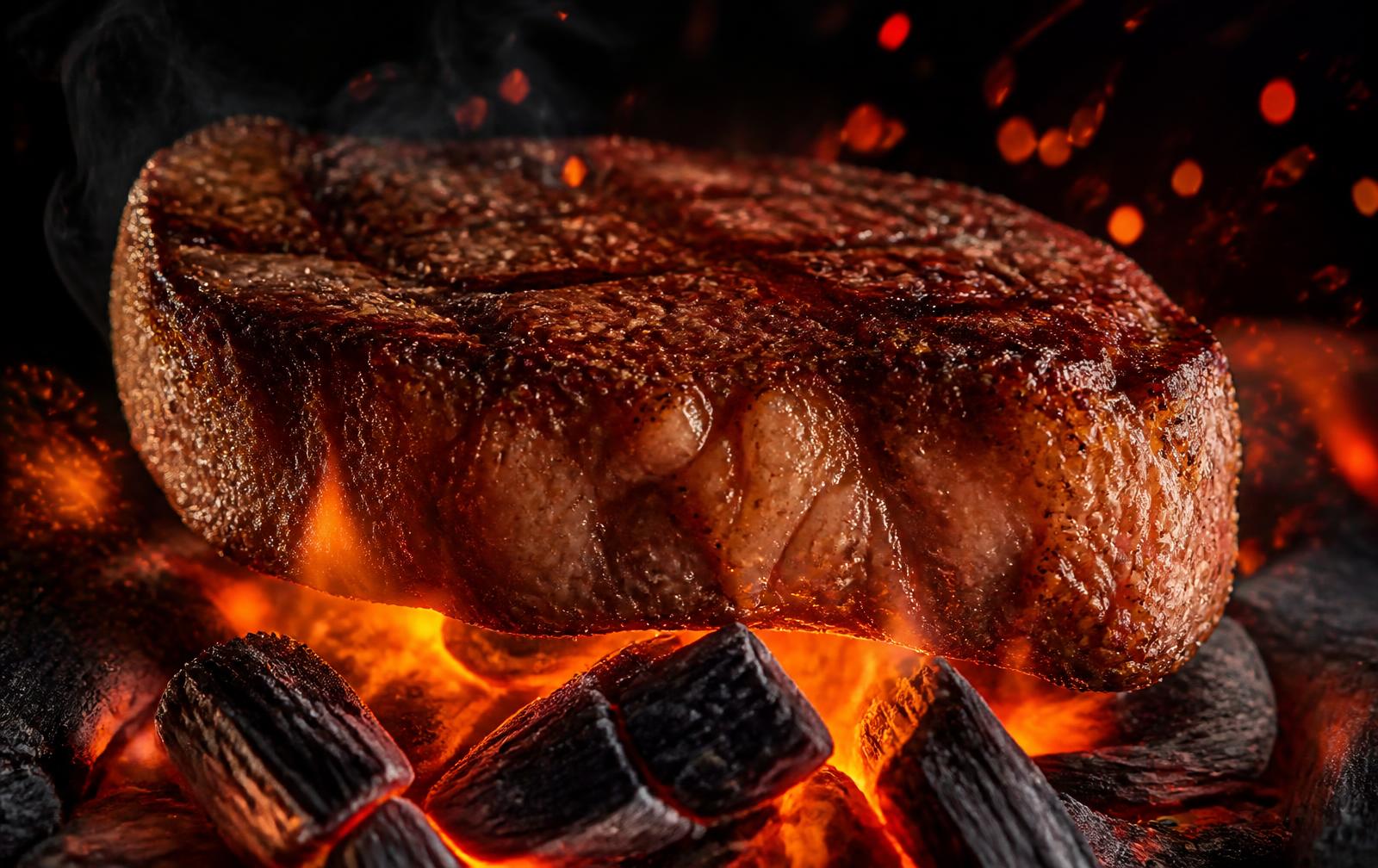 Corte de carne sellándose sobre brasas de mezquite